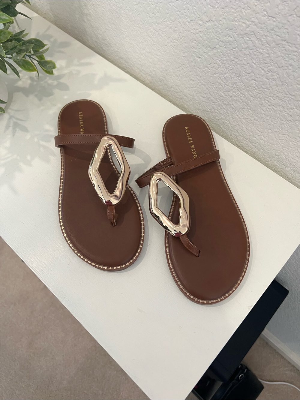 Azalea Wang Brown Thong Sandals with Gold Accent